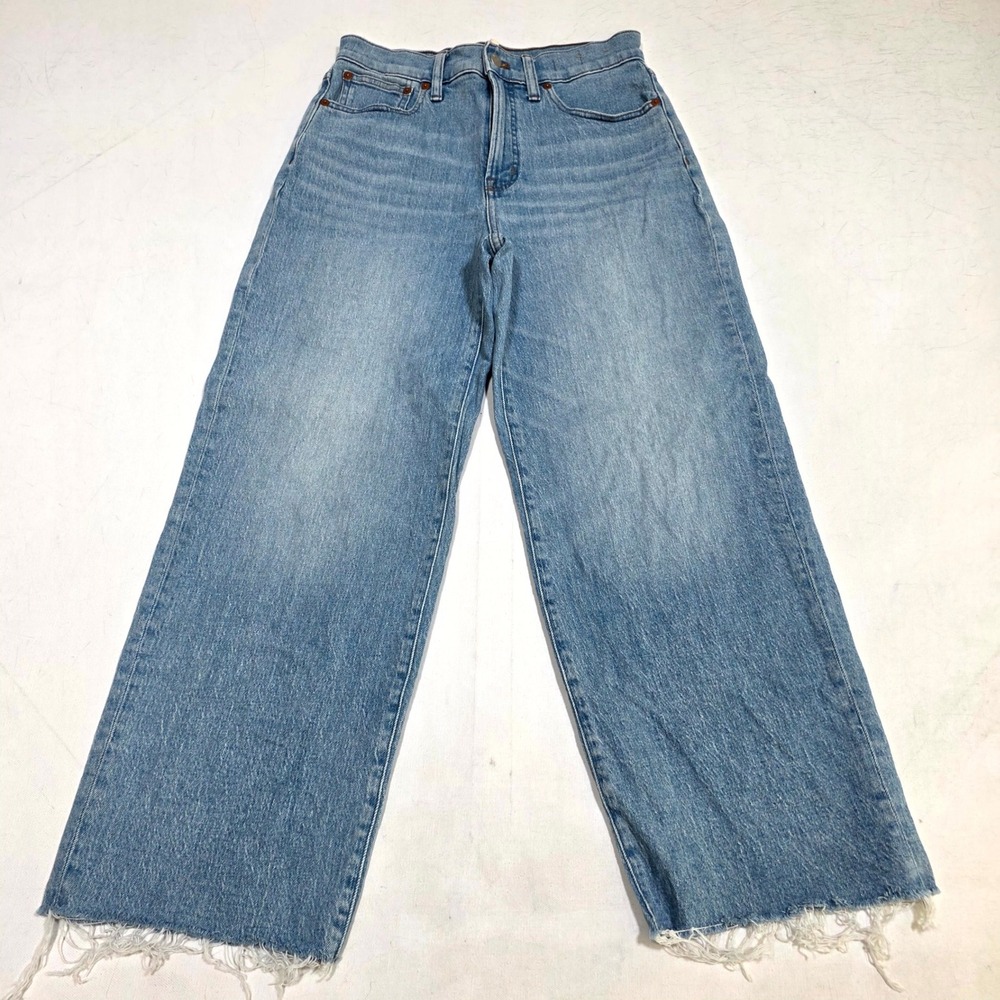 Madewell The Perfect Vintage Wide-Leg Crop Jean Womens 28 Blue Raw Hem High Rise
